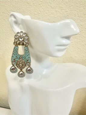 Gold Plated Soft Turquoise Filigree Drop Earrings w/ Crystal Accents